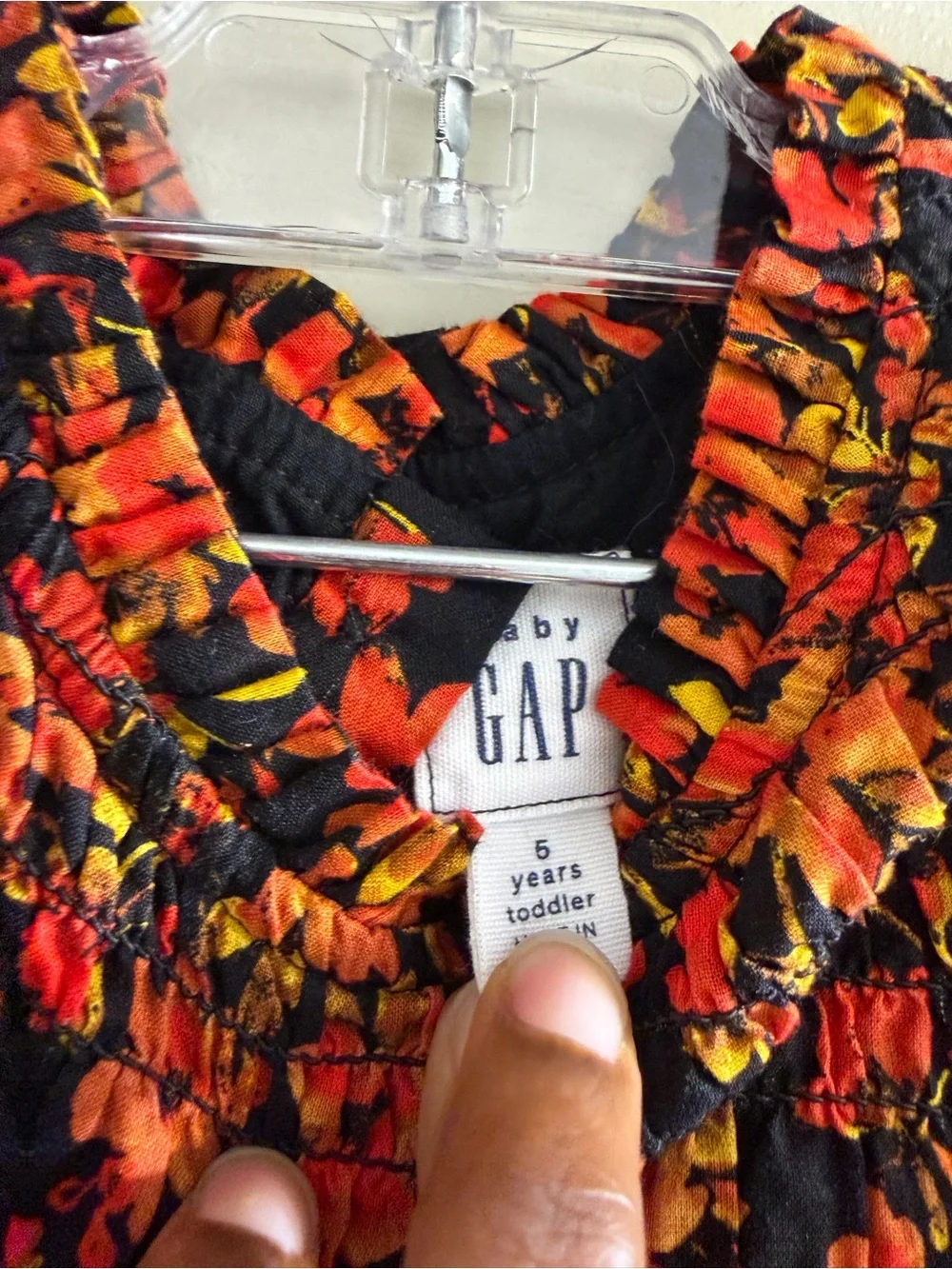 GAP Black Dress with Red & Orange Floral Print, Smocked Bodice